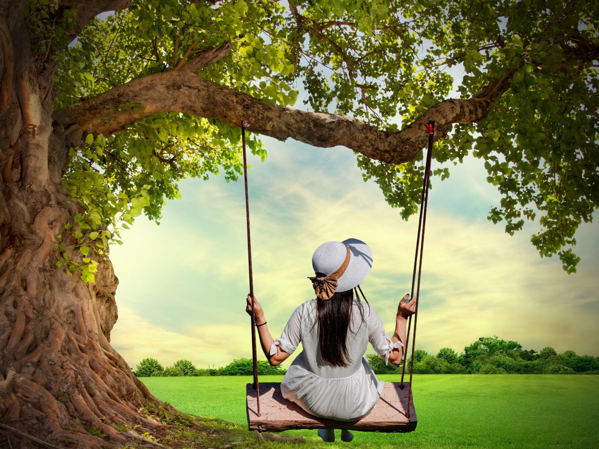 2048x1536 wallpaper Girl Swing Tree Grass Nature iPad Wallpaper 2048x1536 pixels resolution