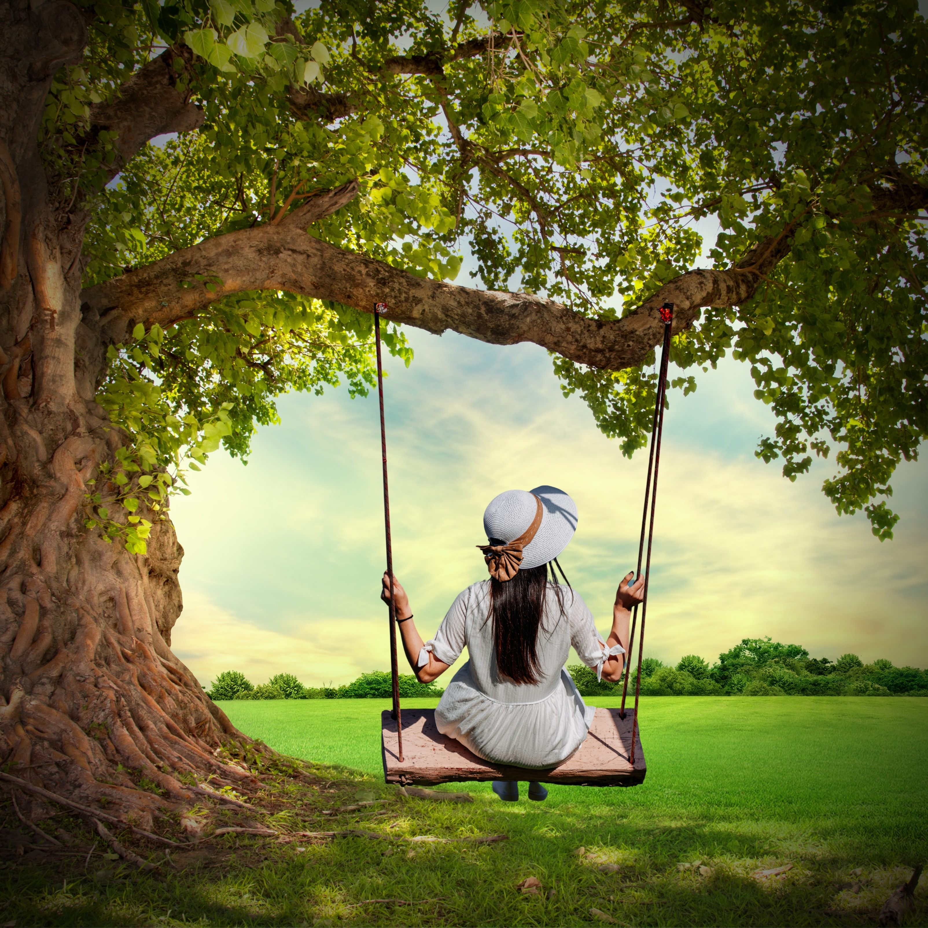 Girl Swing Tree Grass Nature iPad Wallpaper