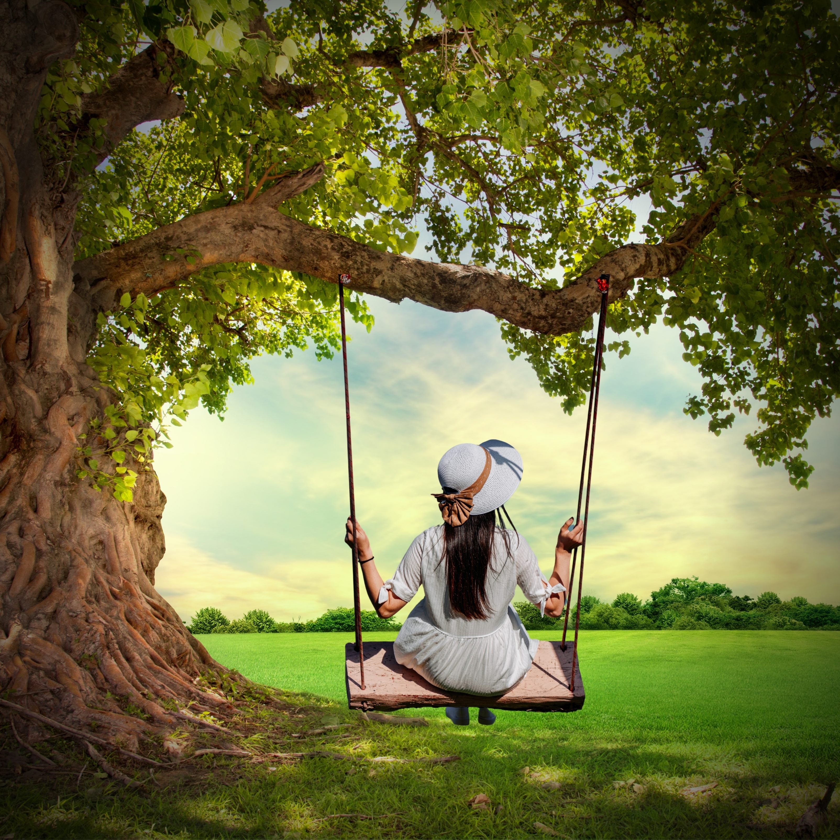 iPad Wallpapers Girl Swing Tree Grass Nature iPad Wallpaper 3208x3208 px