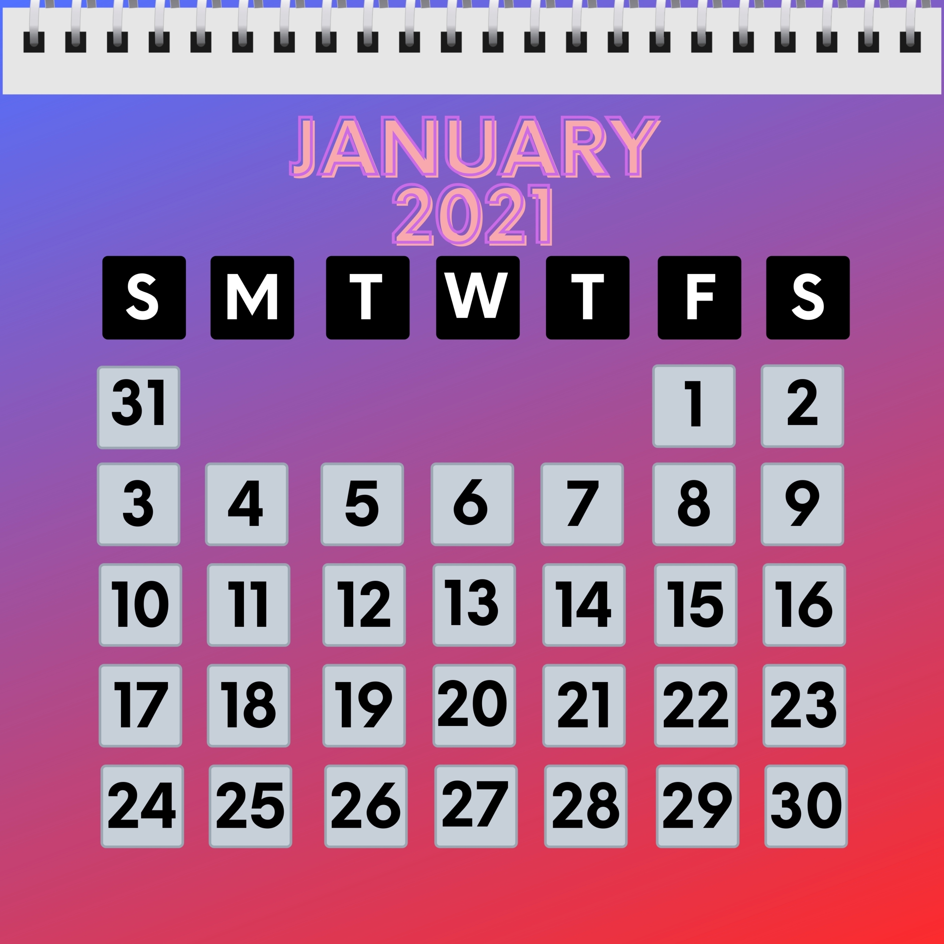 January 2021 Calendar iPad Wallpaper