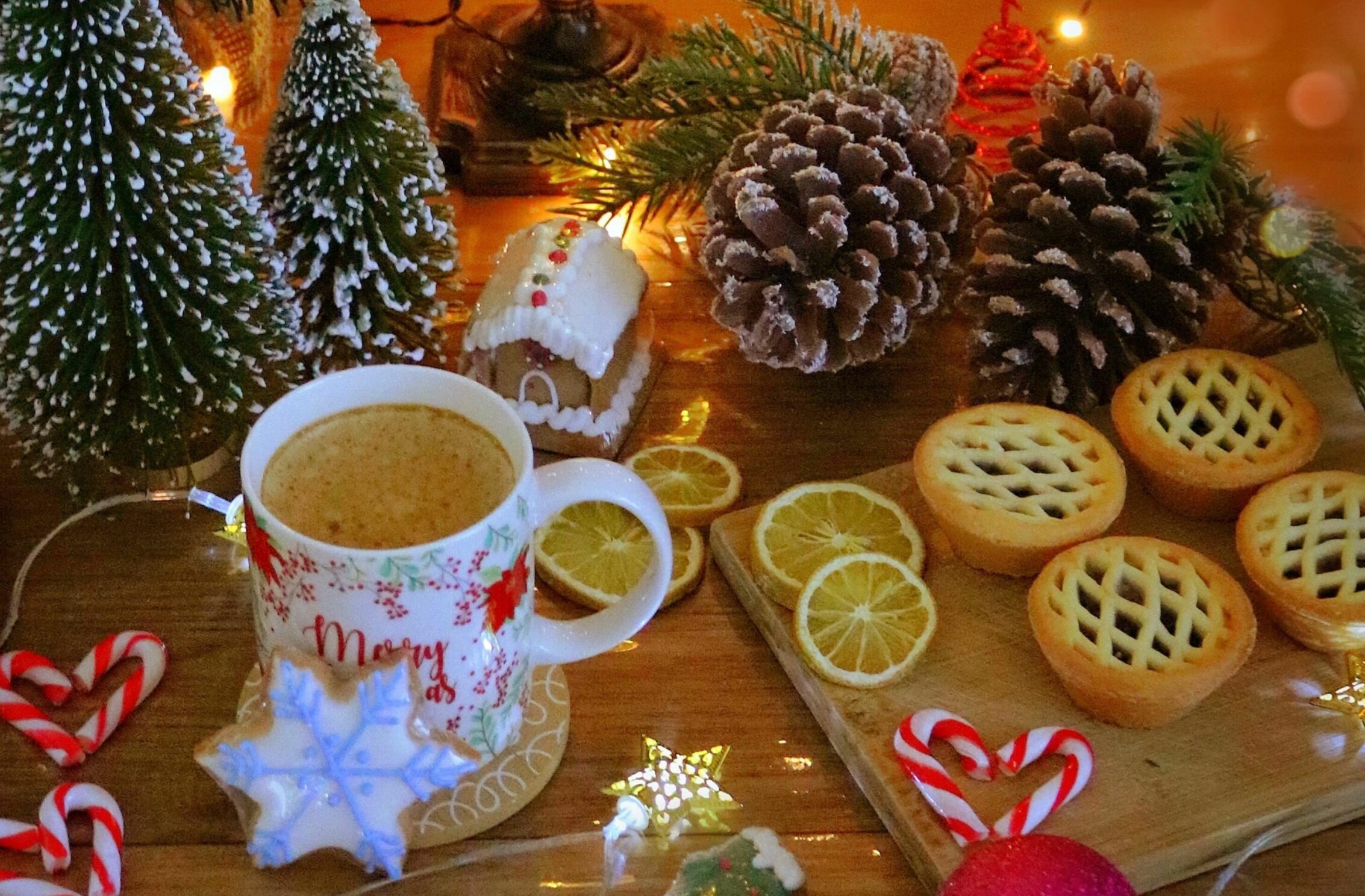 2266x1488 iPad Mini wallpapers Merry Christmas White Mug Pink Gold Baubles Candy Cane Hearts iPad Wallpaper 2266x1488 pixels resolution