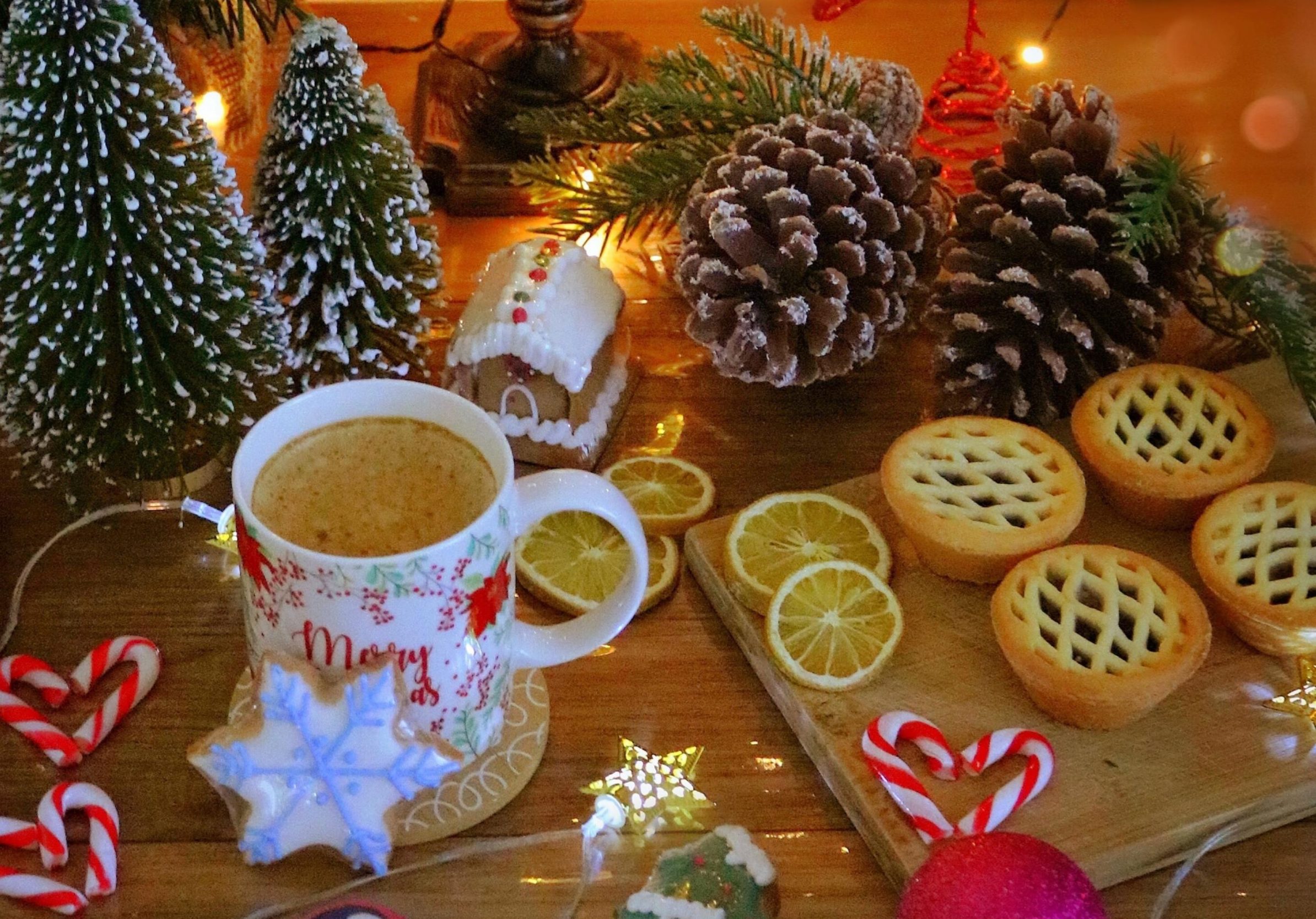 2388x1668 iPad Pro wallpapers Merry Christmas White Mug Pink Gold Baubles Candy Cane Hearts iPad Wallpaper 2388x1668 pixels resolution