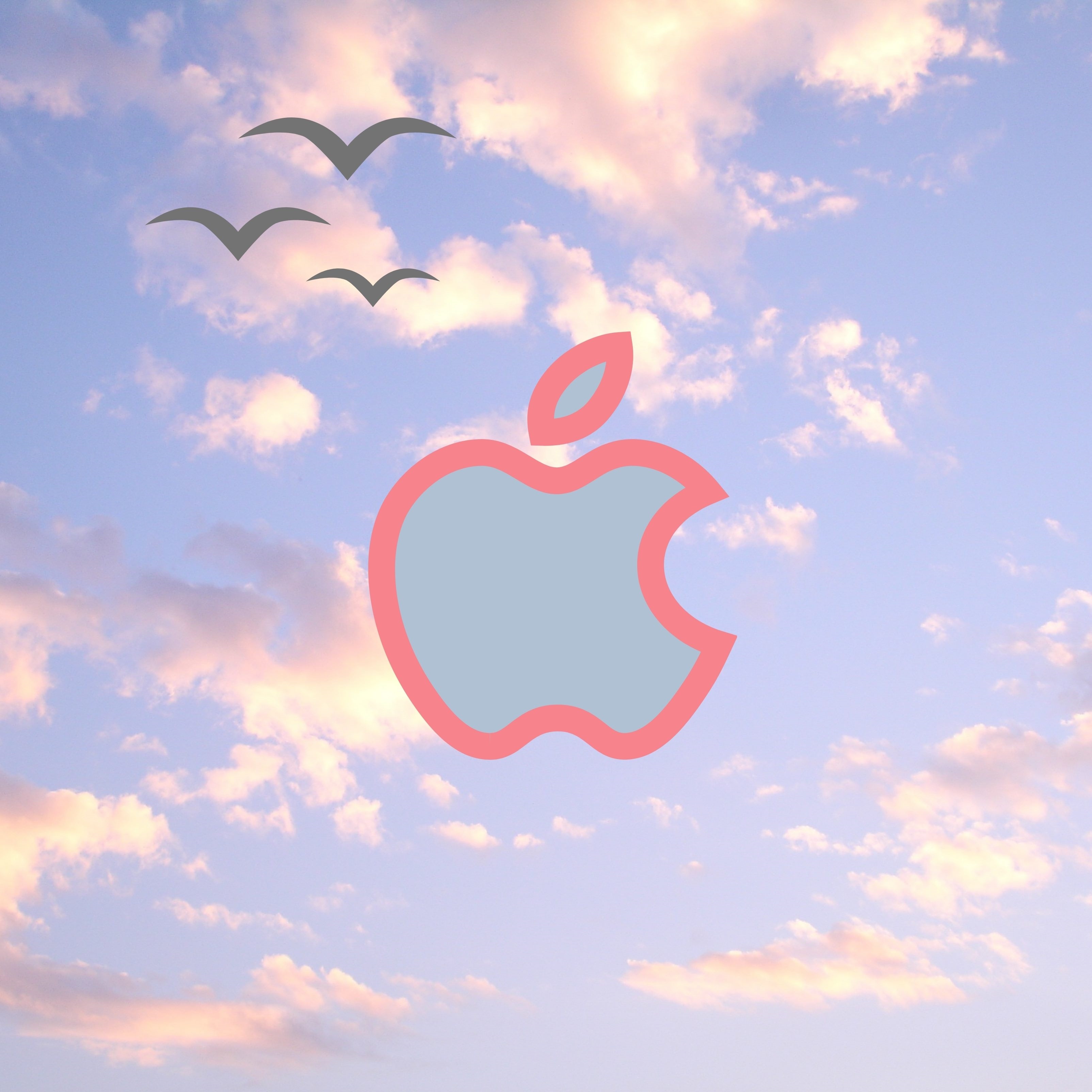 Apple Logo Pink Blue Sky Clouds Birds iPad Wallpaper