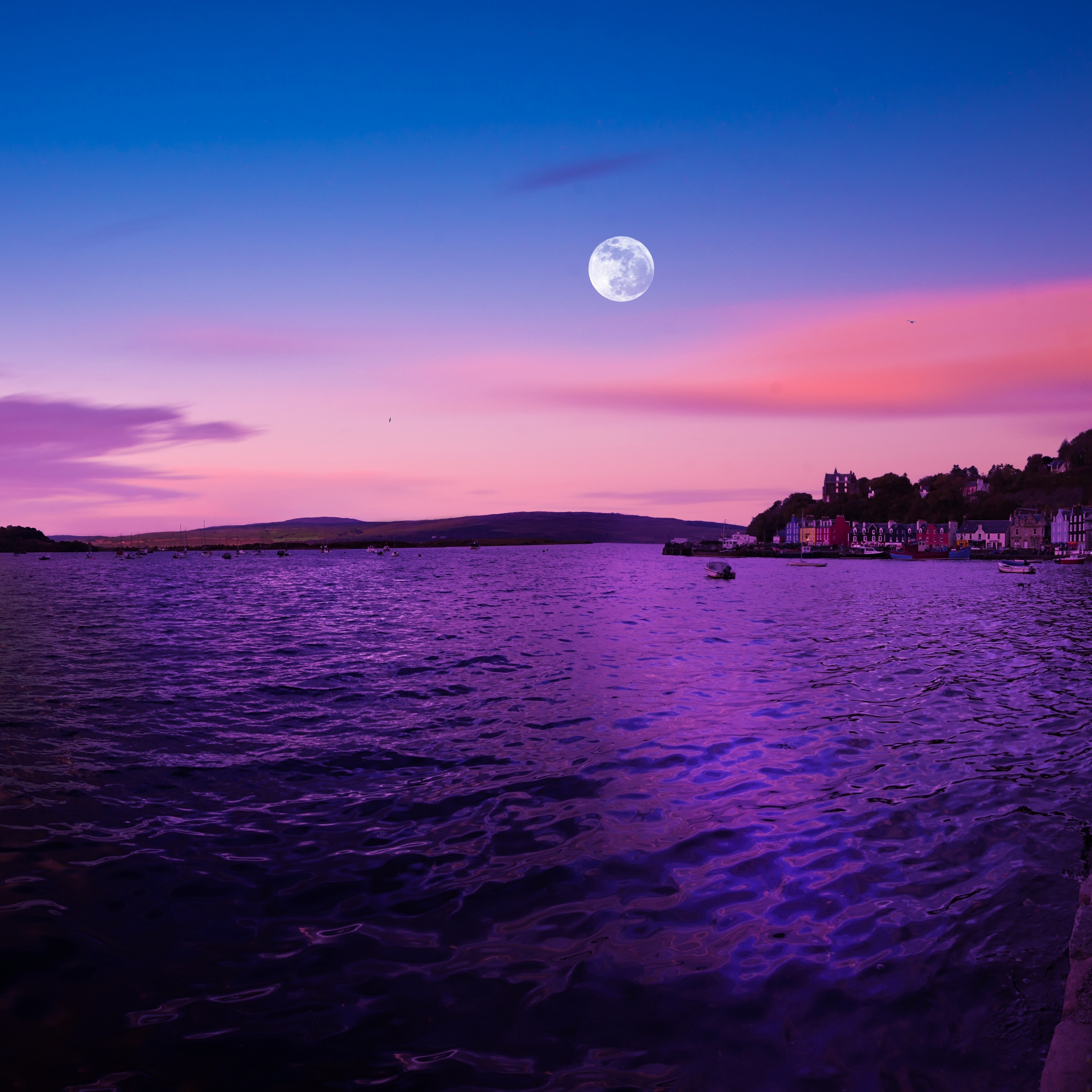 Puple Ocean Dusk Full Moon iPad Wallpaper