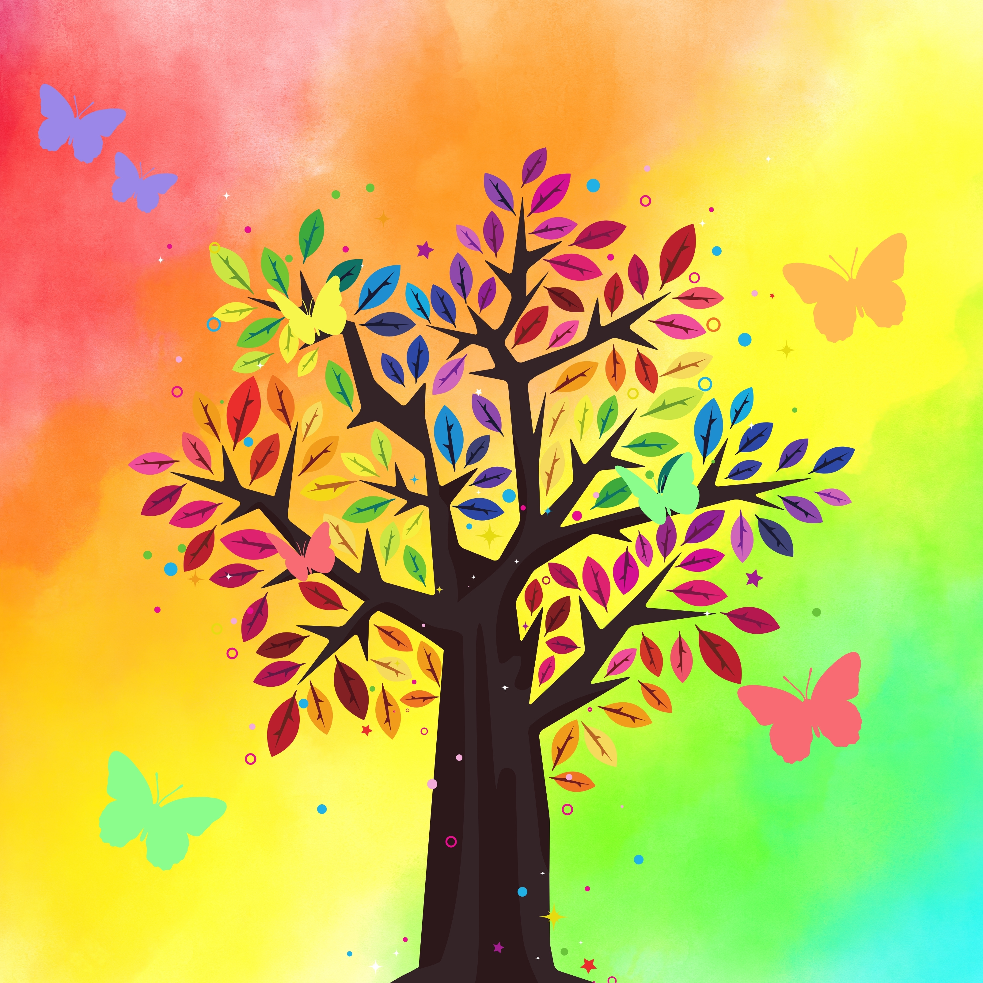 iPad Wallpapers Tree Rainbow Colorful Butterfly iPad Wallpaper 3208x3208 px