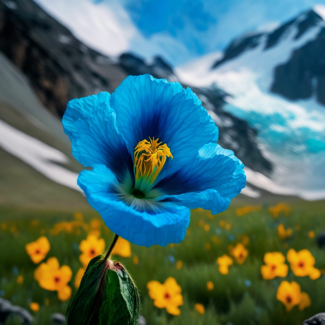 1262x1262 Parallax wallpaper 4k Blue Yellow Flowers Nature iPad Wallpaper 1262x1262 pixels resolution